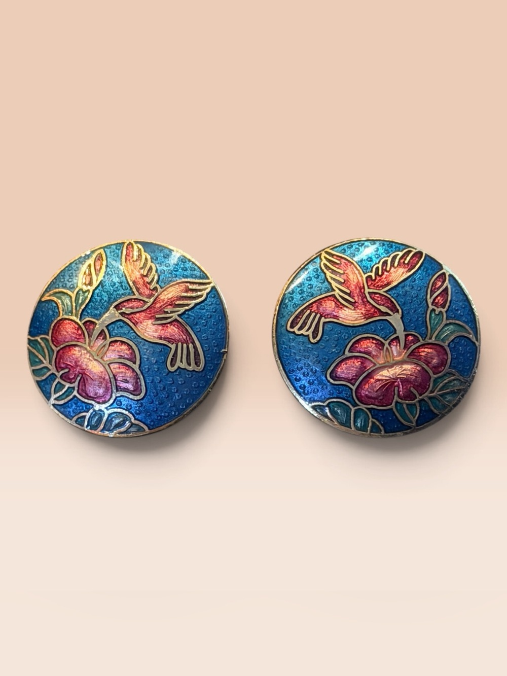 Blue Enamel Hummingbird Floral cloisonné stud Earrings